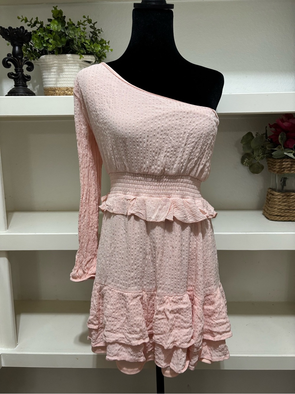 Peach Love California One-Shoulder Blush Pink Ruffle Dress